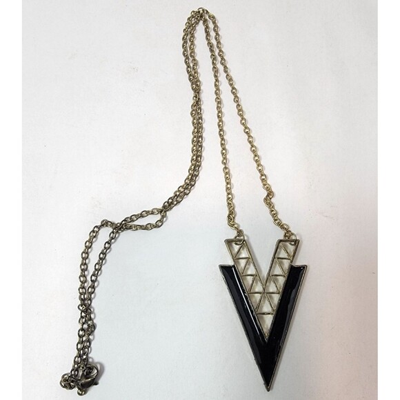 Vintage Style Gold Tone V Pendant Necklace Black Enamel Geometric Triangle Patte - Picture 1 of 3